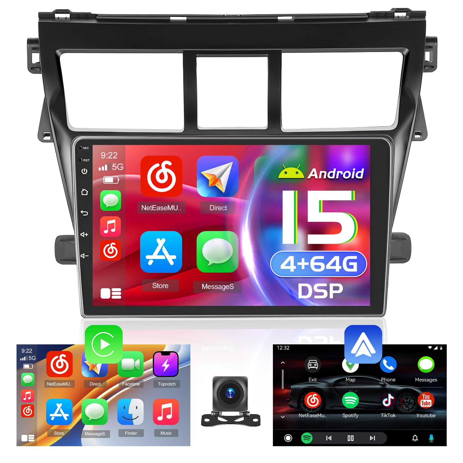 Photo 1 of [DSP 4+64G] Android 15 Car Stereo for Toyota Vios Yaris 2007-2012, Hikity 9'' IPS Touch Screen Radio Wireless Carplay Android Auto Bluetooth Mirror Link GPS 5G WiFi SWC FM/RDS/32EQ Backup Cam+Mic
