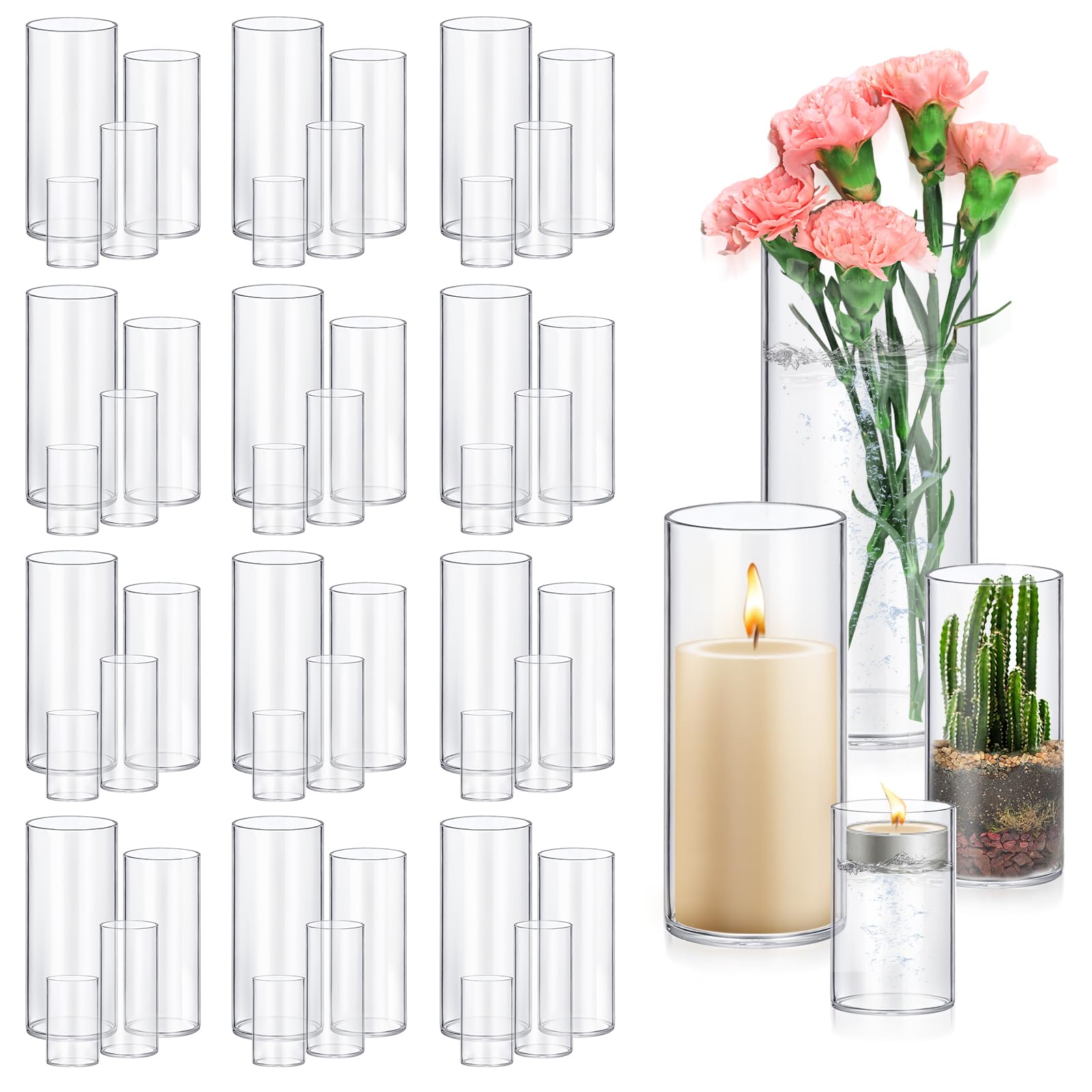 Photo 1 of 48 Pack Glass Cylinder Vases 4,6,8,10 Inch Tall Clear Flower Vase Hurricane Floating Candle Holder for Table Centerpiece Wedding Home Decor