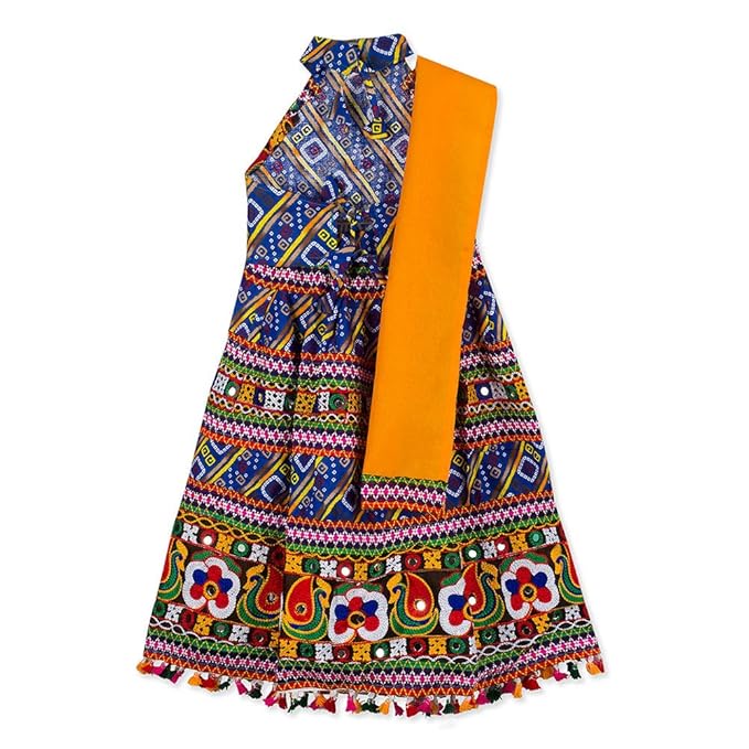 Kid1 By Hopscotch Girls Pure Cotton Brown Halter Neck Lehenga Choli In Blue Color