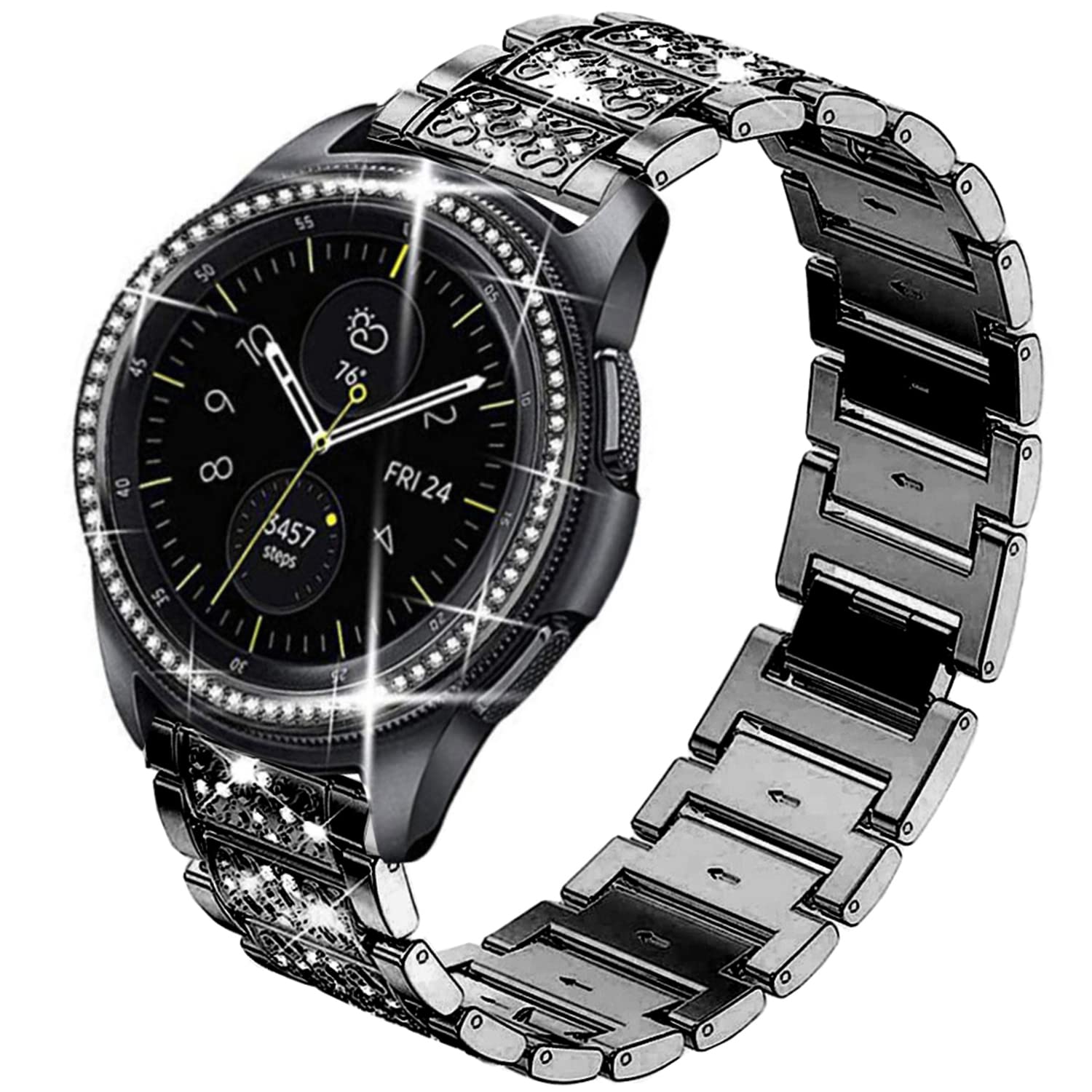 DEALELE Strap Compatible with Samsung Gear Sport / Galaxy Watch 42mm / Galaxy 4 Classic (42mm), 20mm Luxury Rhinestone Diamond Metal Bracelet with Bezel Ring Cover Replacement for Women Men, Black
