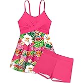 Girls Swimsuits Criss Cross Tropical Print Mesh Dress Bathing Suits with Shorts 2 Piece Tankini for Teens