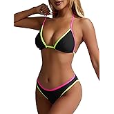 TASHEHE Women's Colorful String Bikini Set Sexy Triangle Two Piece Neon Bikini Swimsuit Color Block Halter Bathing Suit