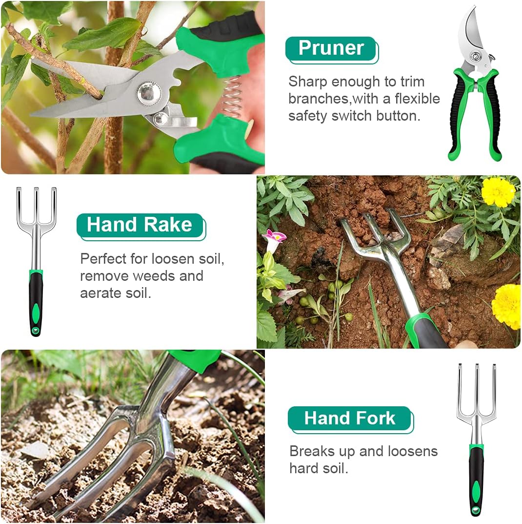 82 Pcs Garden Tools Set, Extra Succulent Tools Set, Heavy Duty Gardening Tools Aluminum with Soft Rubberized Non-Slip Handle Tools, Durable Storage Tote Bag, Gifts for Men (Green) : Garden & Outdoor