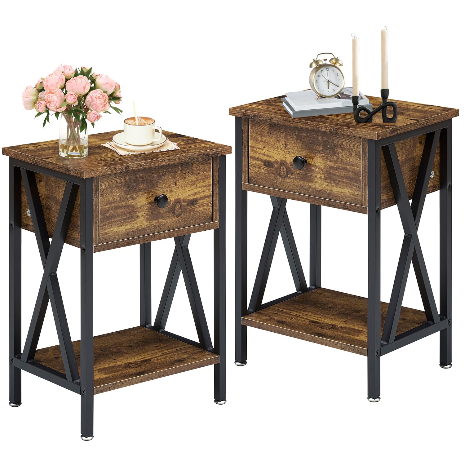 VECELO Nightstands Set of 2, Modern Bedside End Tables, Night Stands with Drawer and Storage Shelf for Living Room Bedroom, Industrial Metal Frame
