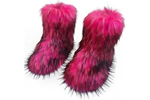 WOVOIE Fur Boots Warm Women's Faux Fur Boot Furry Short Snow Boot Mid-Calf Boots Outdoor Flat Shoes