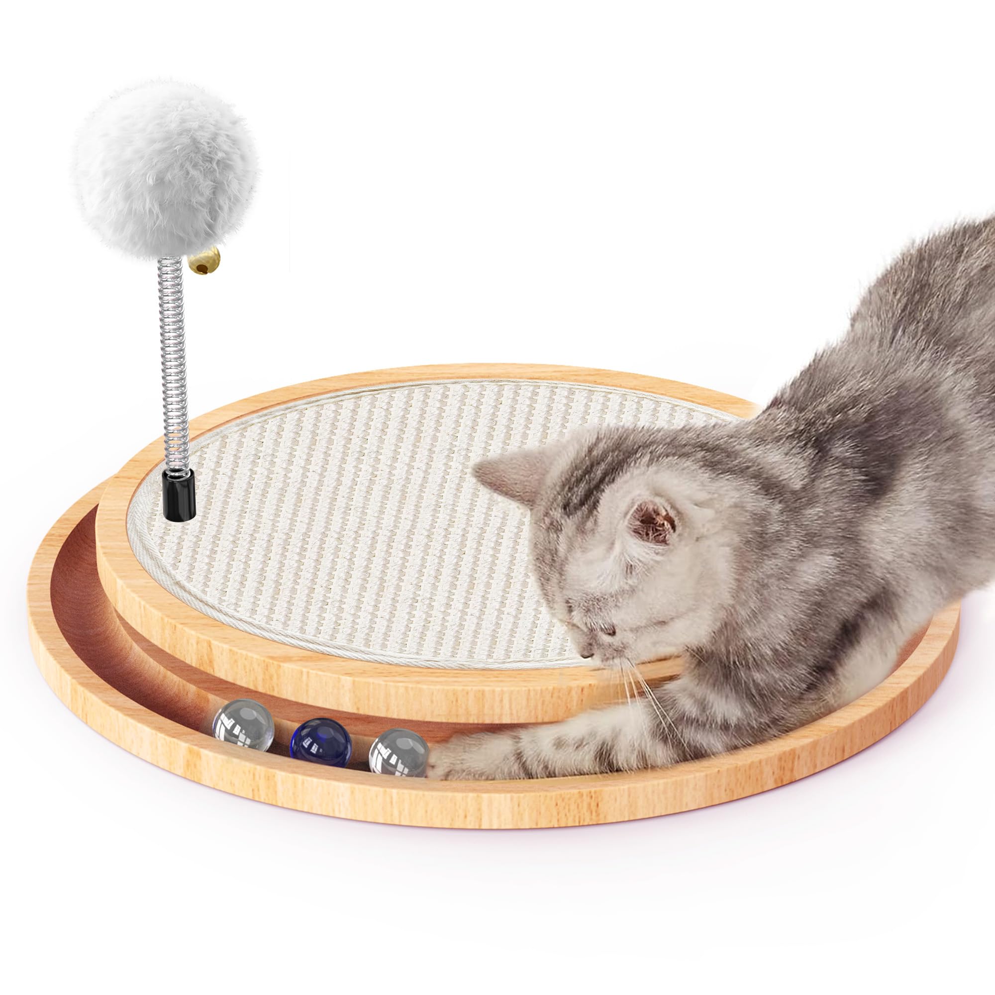 Furjoy Cat Scratcher, Cat Natural Sisal Scratching Pad, Kitten Interactive Toy with Ball Track Spring Ball for Chasing Hunting Mental Physical Exercise Puzzle
