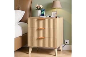 VEVOR Fluted Nightstand with Charging Station, with 3 Drawers, Dresser for Bedroom, Mid Century Modern End Table, Bedside Sto