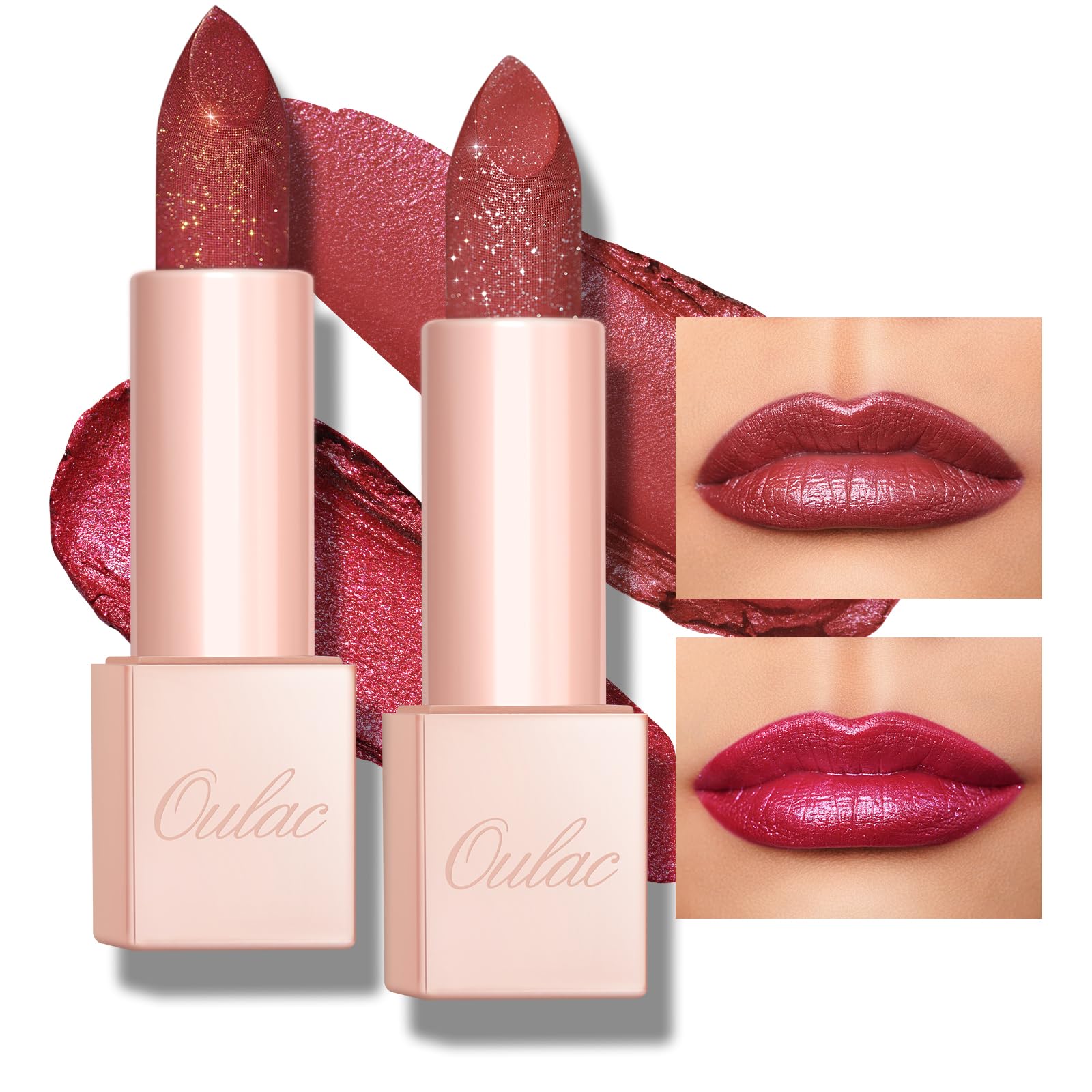 Oulac Pink Glitter Moisturising Lipstick Set - Pink Shimmer Lipsticks for Women, Hydrating & Smooth, Glitter Diamond Finish, Creamy Sparkling Formula, D03+D04 — image 1