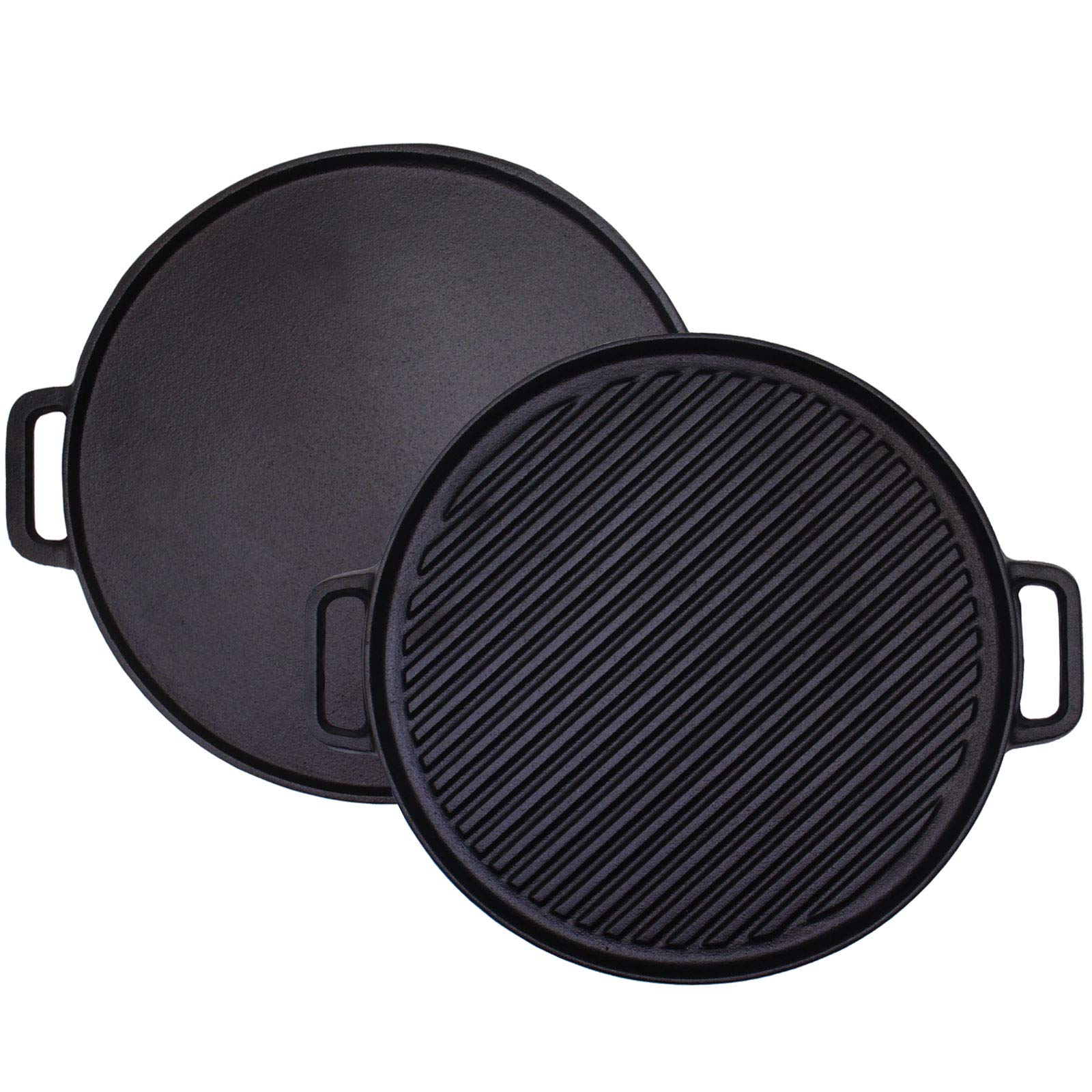 Cast Iron Reversible Griddle Plate, Double-Sided Grill Pan with Handles (30 cm)