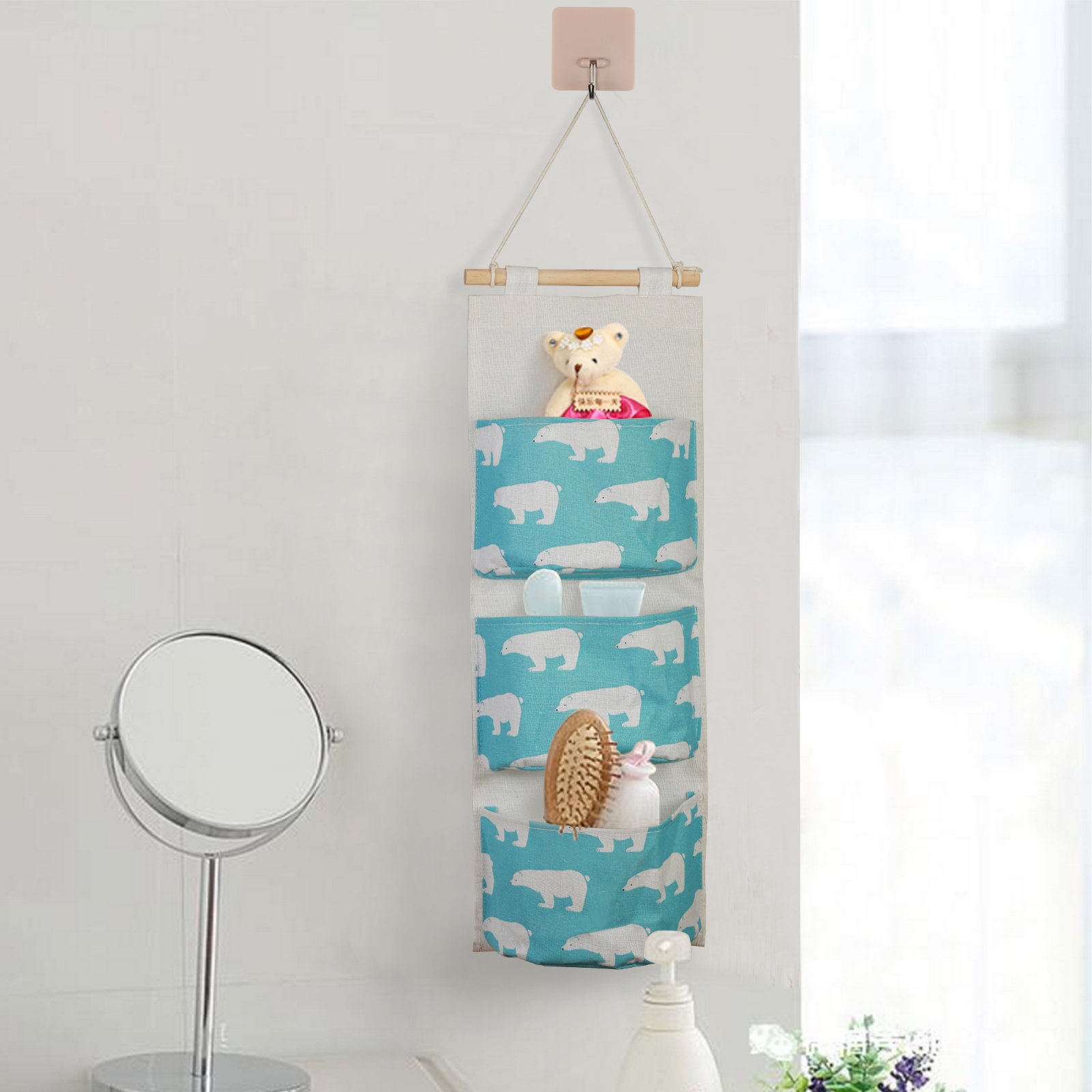 LANMOK 2 Pcs Hanging Storage Bags Case Cotton Closet Organizer Over The Door Wall Baskets with 3 Pockets 2 Pcs Self Adhesive Hooks for Kitchen Bedroom Bathroom Office