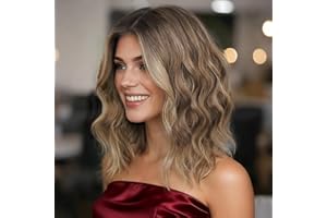 Eawwii Ombre Light Brown With Blonde Short Wavy Wig for Women Lace Hairline Bob Style Synthetic Heat Resistant - Natural Appearance for Everyday Hairstyle 14 Inch