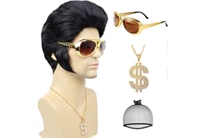 YTbeauty 5 Pcs Set 50s Rock Wig with Sunglasses and Necklace for Mens Singer Rocker Costume 1950s Wig for Cosplay Halloween Party