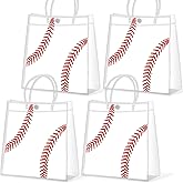 12Pcs Baseball Clear PVC Gift Bags With Handles Bulk Sport Theme Goodie Treat Candy Bags Rugby Team Present Wrap Tote Bag for Boys Birthday Party Favor Baby Shower Decorations Supplies 8 x 8 x 3in