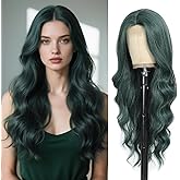 Angzon Long Green Wavy Wig for Women 26 Inch Dark Green Middle Part Curly Synthetic Hair Wig Natural Look Heat Resistant Fiber for Daily Party Use
