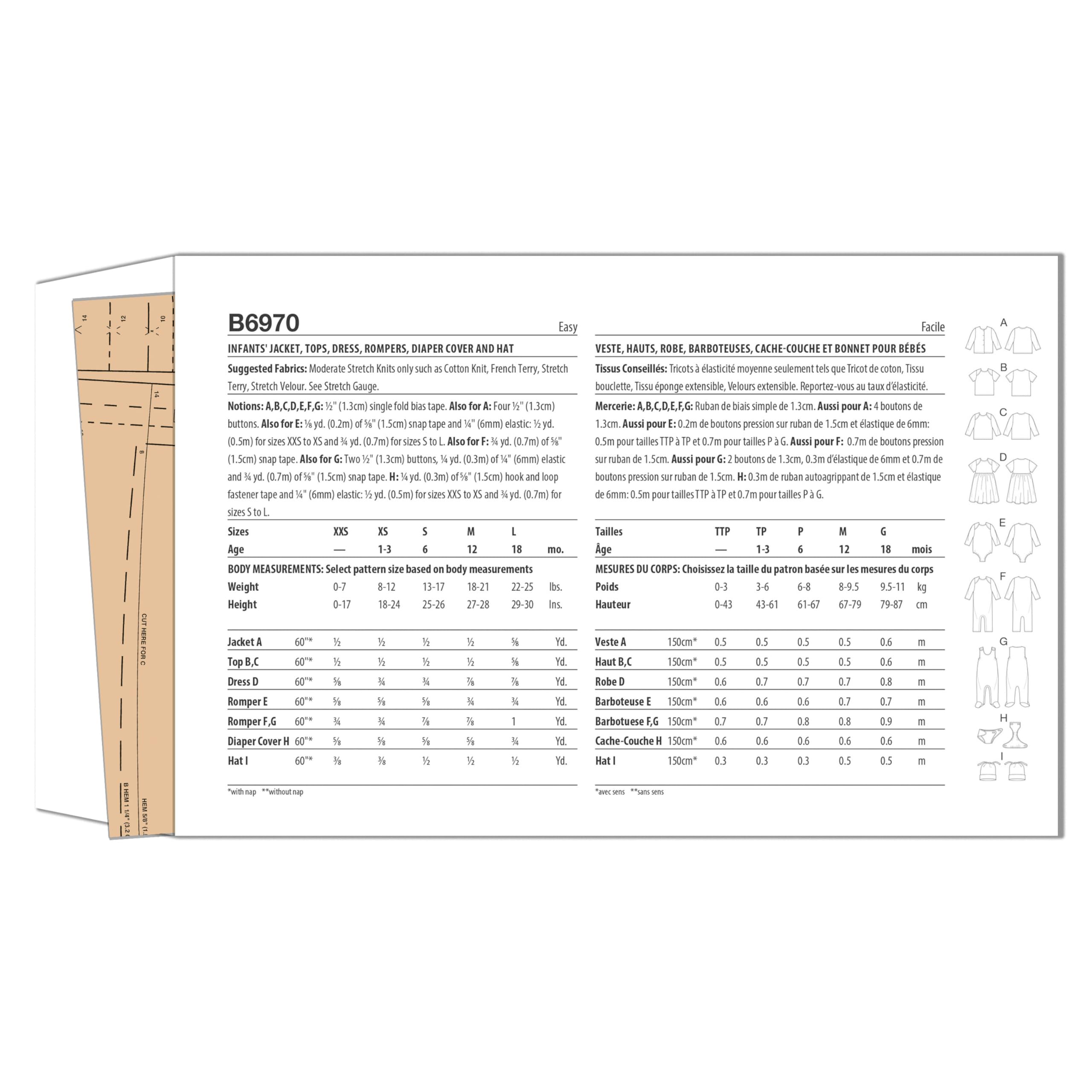 Butterick Infants' Jacket, Tops, Dress, Rompers, Diaper Cover and Hat Sewing Pattern Kit, Design Code B6970, Sizes XXS-XS-S-M-L, Multicolor