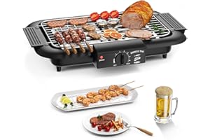 MIHOHO Electric BBQ Grill, Smokeless Non-Stick Indoor/Outdoor Barbecue Grill, 2000W Double tube High Power Portable Removable Stand Grill for BBQ Party (Elegant Black)