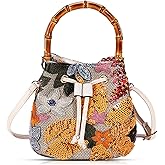 Crossbody Bags for Women, Beach Bag, Hand Embroidered Tot Bag, Bamboo carry handle Bucket bag, Bohemian Handbags Suitable for Vacation Travel Daily Matching