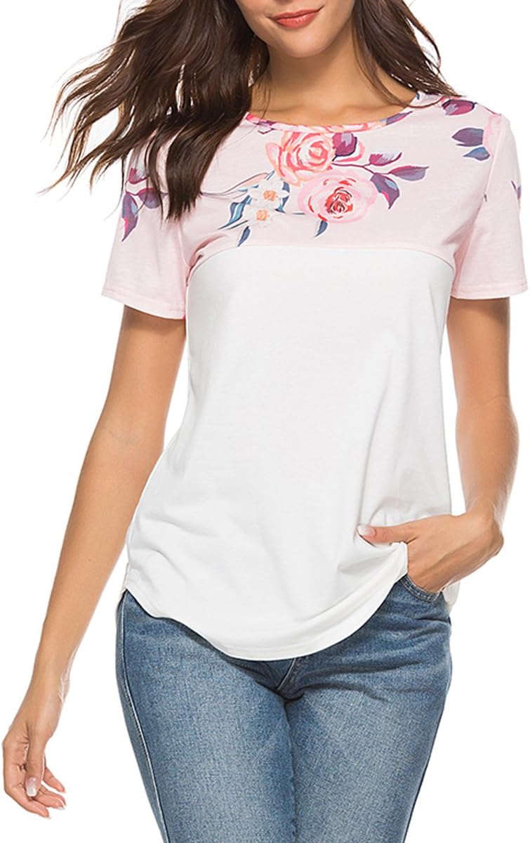 LovInParis Women's Floral Short Sleeve Tops Summer Casual T-Shirt White Blouses A8003