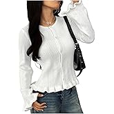 SOLY HUX Women's Ruffle Long Sleeve Cardigans Button Down Crew Neck Fitted Sweater Fall Clothes