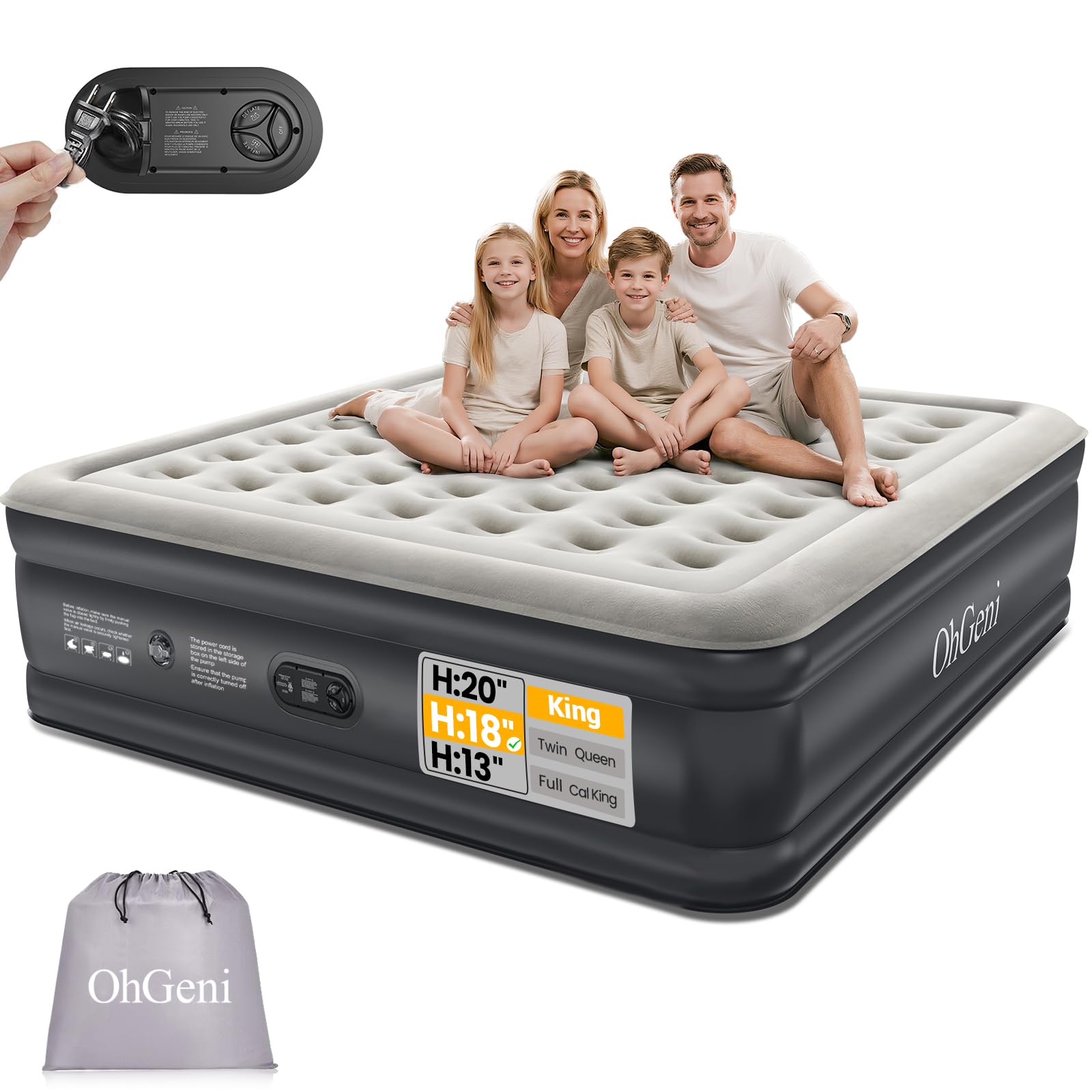 Photo 1 of OhGeni King Size Air Mattress, Family Choice Award with Built in Pump, Ideal Alternative to a Bed, 18'' Comfortable Blow Up Colchones Inflables Mattress for Home, Guests, Portable Air Bed, 700 lbs