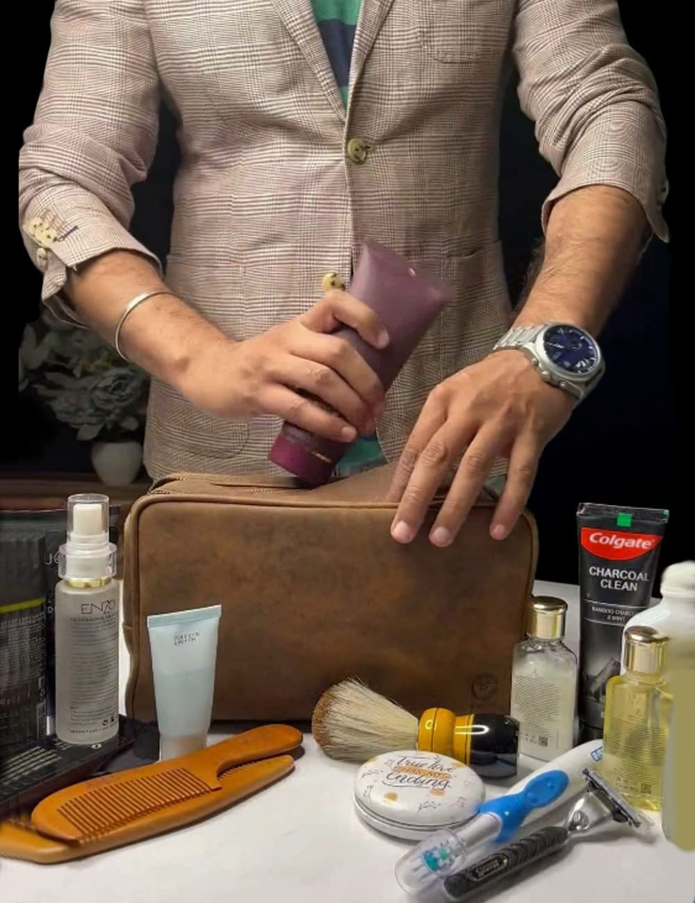 RUSTIC TOWN Full Grain Leather Travel Toiletry Bag - Cosmetic Makeup Kit Organizer (Brown)