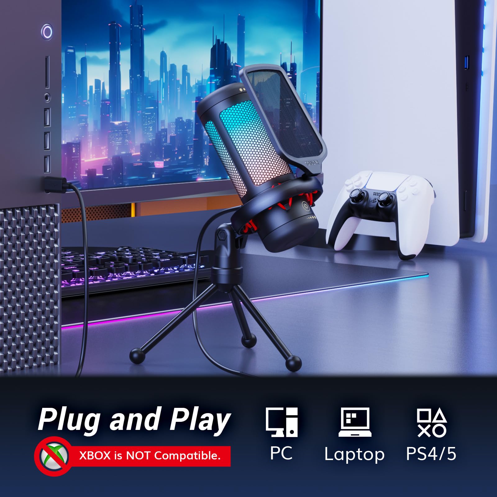 TONOR USB Gaming Microphone for PC, Cardioid Condenser Mic with Adjustable RGB Modes & Brightness, Quick Mute, Gain Control, for Streaming, Podcasting, Recording, PS4/5 Desktop Mic TC310