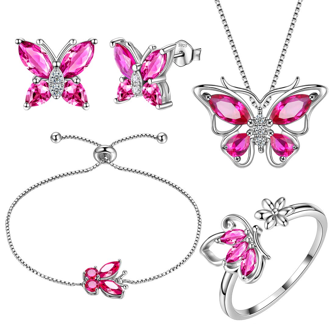 Aurora Tears Butterfly Necklace/Earrings/Rings/Bracelets Set 925 Sterling Sliver July Birthstone Red Ruby Jewelry Set Animals Jewelry Gift for Women and Girls DS0070R