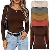Velvelhall 5 Pack Women's Long Sleeve Shirts Scoop Neck Tops Slim Fit Stretchy Undershirts Casual Fall Base Layer Multipack(Gray Green, Gray Apricot, Pumpkin, Brown, Camel,Medium)