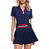 Tennis Skirt Set for Women Color Block V Neck Golf Pickleball Outfits Pleated Athletic Two Piece Skirts Sets