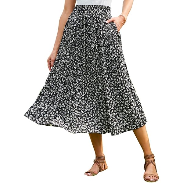 EXLURA Womens High Waist Polka Dot Pleated Skirt Midi Swing