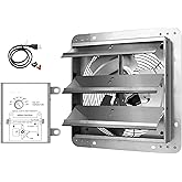 Simple Deluxe 12 Inch Wall Mounted Shutter Exhaust Fan with Temperature Controller and Power Cord Kit, Aluminum, 1600 RPM, 940 CFM, for Attic, Garage, Louvered Vent, Plant, Greenhouse, Silver