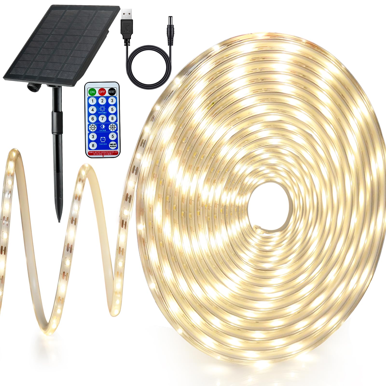 10M Led Strip Lights 600 LEDs, Solar Flexible LED Strip Light Warm White Solar Powered Rope Lights with Remote & 8 Modes Waterproof for Garden Party Gazebo Bedroom, Kitchen, Indoor, Outdoor Decor — image 1