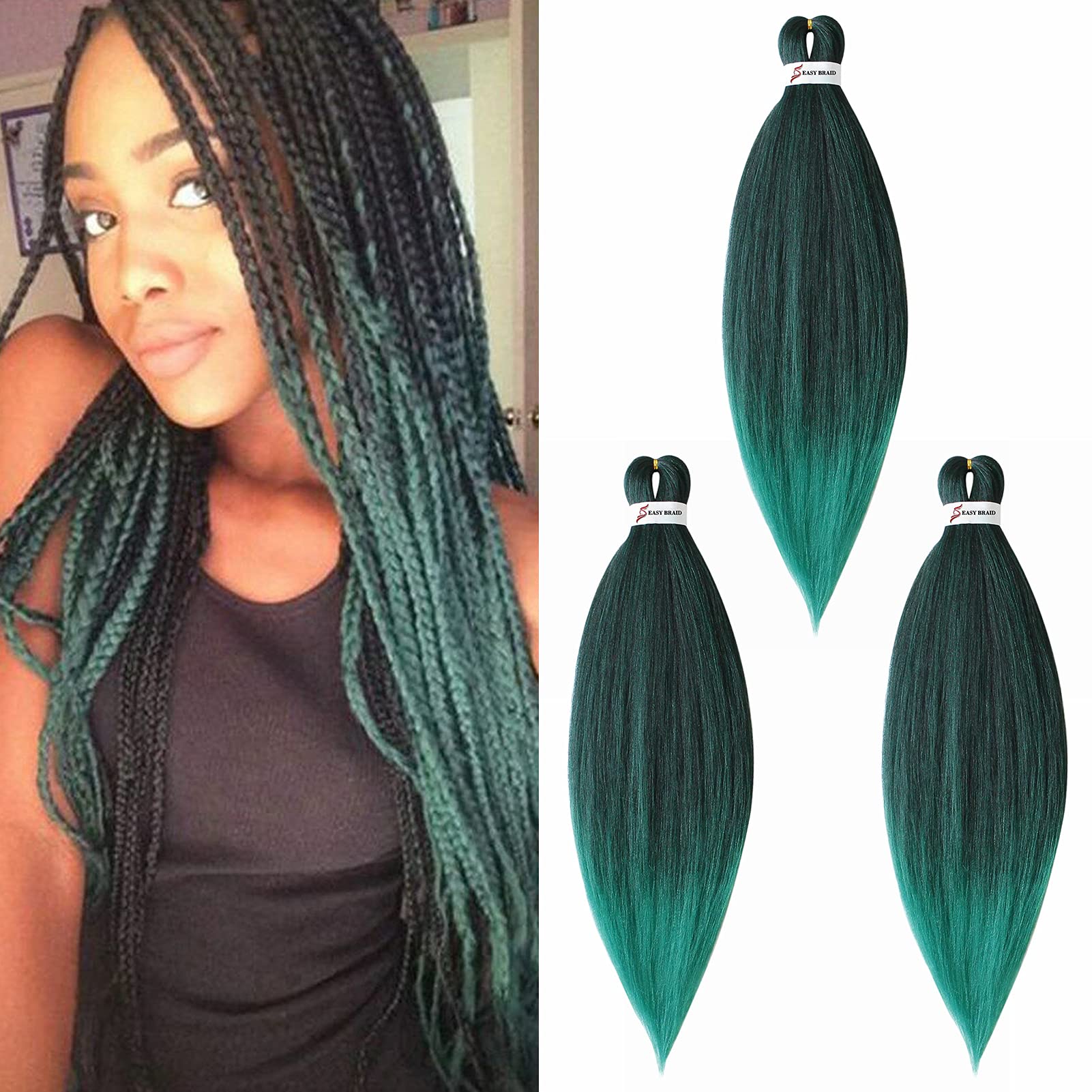 Pre stretched Braiding Hair Easy Braid Professional Hair Extensions Hot Water Setting Synthetic Fiber Crochet Twist Hair Yaki Texuture Itch Long Soft (26inch 3packs Black&Green)