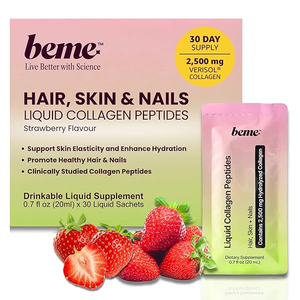 BEME LIQUID COLLAGEN FOR WOMEN — 2,500MG HYDROLYZED BOVINE VERISOL COLLAGEN PEPTIDES DRINK — BIOTIN, COQ10 & VITAMIN C COLLAGEN SUPPLEMENT FOR HAIR, SKIN & NAILS — STRAWBERRY, 30 SACHETS