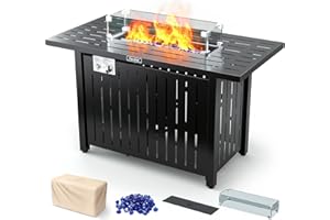 Cecarol 43in Glass Shield Outdoor Propane Gas Fire Pit Table Electronic Pulse Ignition w/Glass Rock, Waterproof Cover, 50,000 BTU CSA Certification for Outside Garden Patio Party (Black)