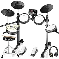 Fesley FED150W Electric Drum Set: Dual Zone Snare Drum,2 Cymbals w/Choke, 200 Sounds, 4 Quiet Mesh Drum Pads, Portable Electr
