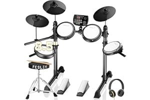 Fesley FED150W Electric Drum Set: Dual Zone Snare Drum,2 Cymbals w/Choke, 200 Sounds, 4 Quiet Mesh Drum Pads, Portable Electr