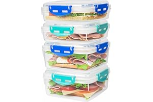 FRESHMAGE 4 PCS Sandwich Containers - 100% Airtight & BPA-Free & Microwave & Dishwasher Safe Kitchen Storage Containers with Upgraded Snaps, 2 heightened Containers for Lunch Boxes and 2 normal version