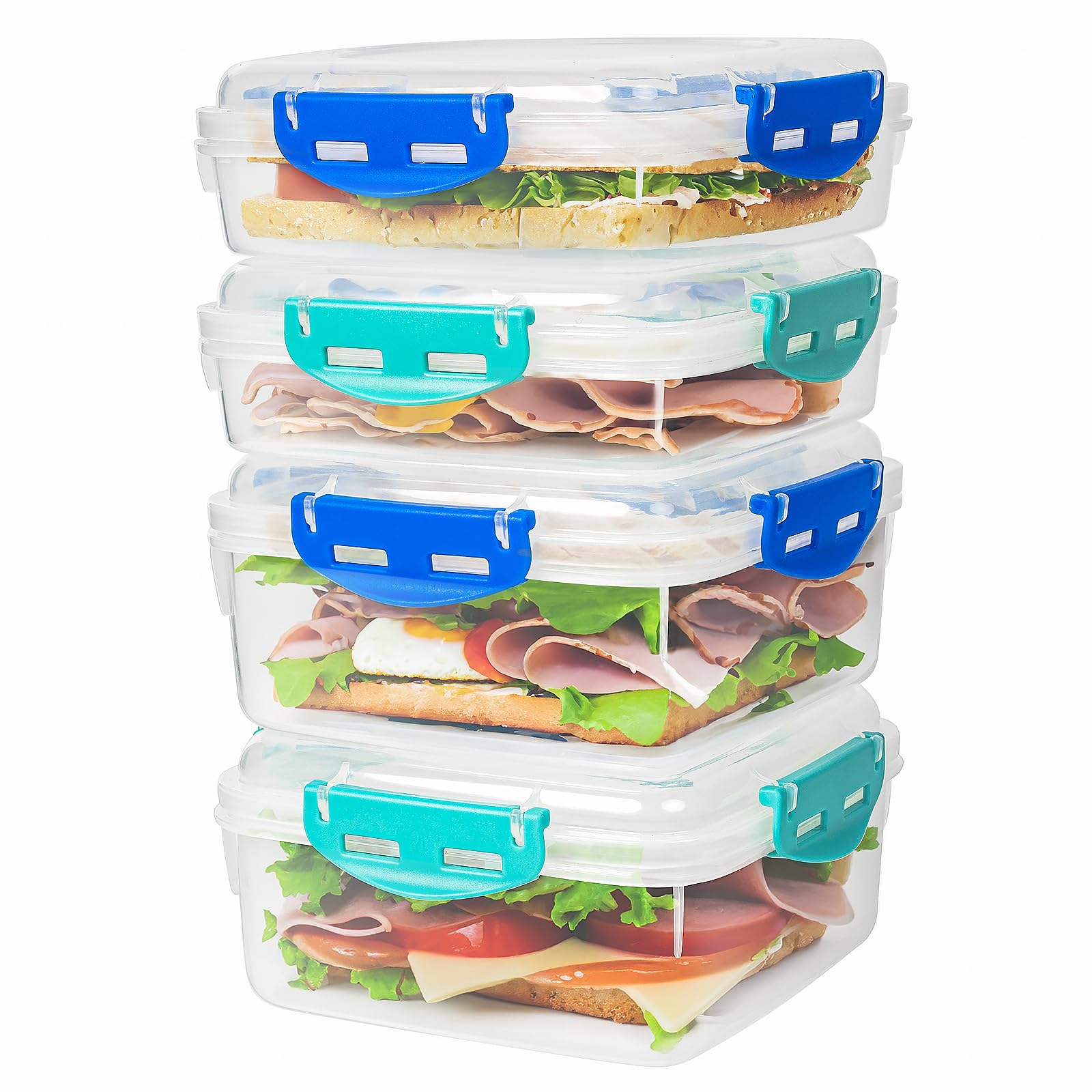 Photo 1 of 4 PCS Sandwich Containers - 100% Airtight & BPA-Free & Microwave & Dishwasher Safe Kitchen Storage Containers with Upgraded Snaps, 2 heightened Containers for Lunch Boxes and 2 normal version