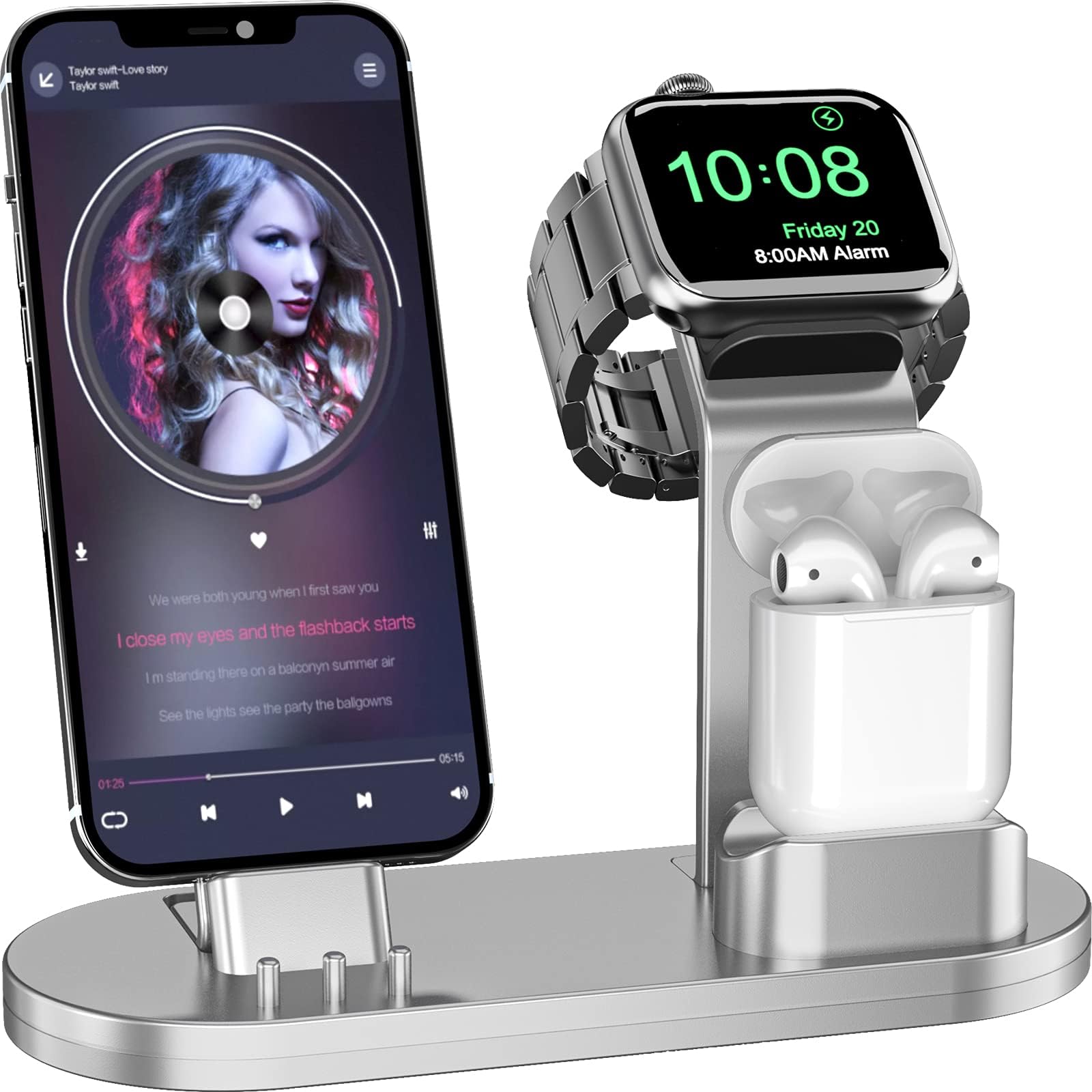 OLEBR 3 in 1 Charging Stand Compatible with iWatch SE/6/5 /4/3 /2/1, AirPods Pro and Phone Series 12/11/ X /8/7 /6S /5（Original Cable Required） Silver