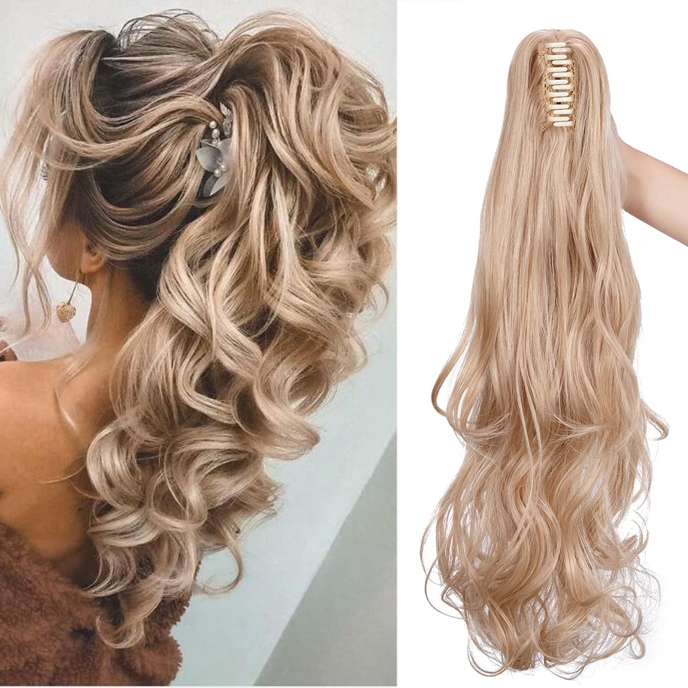 24"/60cm Curly Claw On Ponytail Extension Matte Material Wavy Clip In Pony tail Synthetic Hairpiece For Women, Golden Mix Bleach Blonde