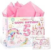 5th Birthday Party Gift Bag for Girls Pink Rainbow Horse Wrapping Paper with Tissue Paper Greeting Card Colorful Birthday Gift Bag 5 Number Sign Bag Pink Castle Theme Baby Shower Decor Supplies