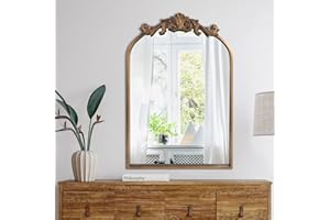HQiJun Wall Mirror Window Decorative Traditional Vintage Ornate Baroque Mirrors Antique Arched Farmhouse for Living Room Bedroom Entryway Bathroom Vanity (19 * 27 * 1.2, Gold)