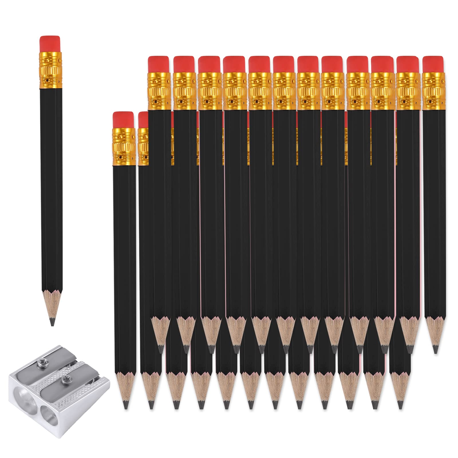 AIEX 25pcs Half Pencils with Eraser, 4 Inch/ 10cm Mini HB Hexagon Golf Pencils with 1 Sharpener for Kids School Office Baby Shower Wedding (Black)