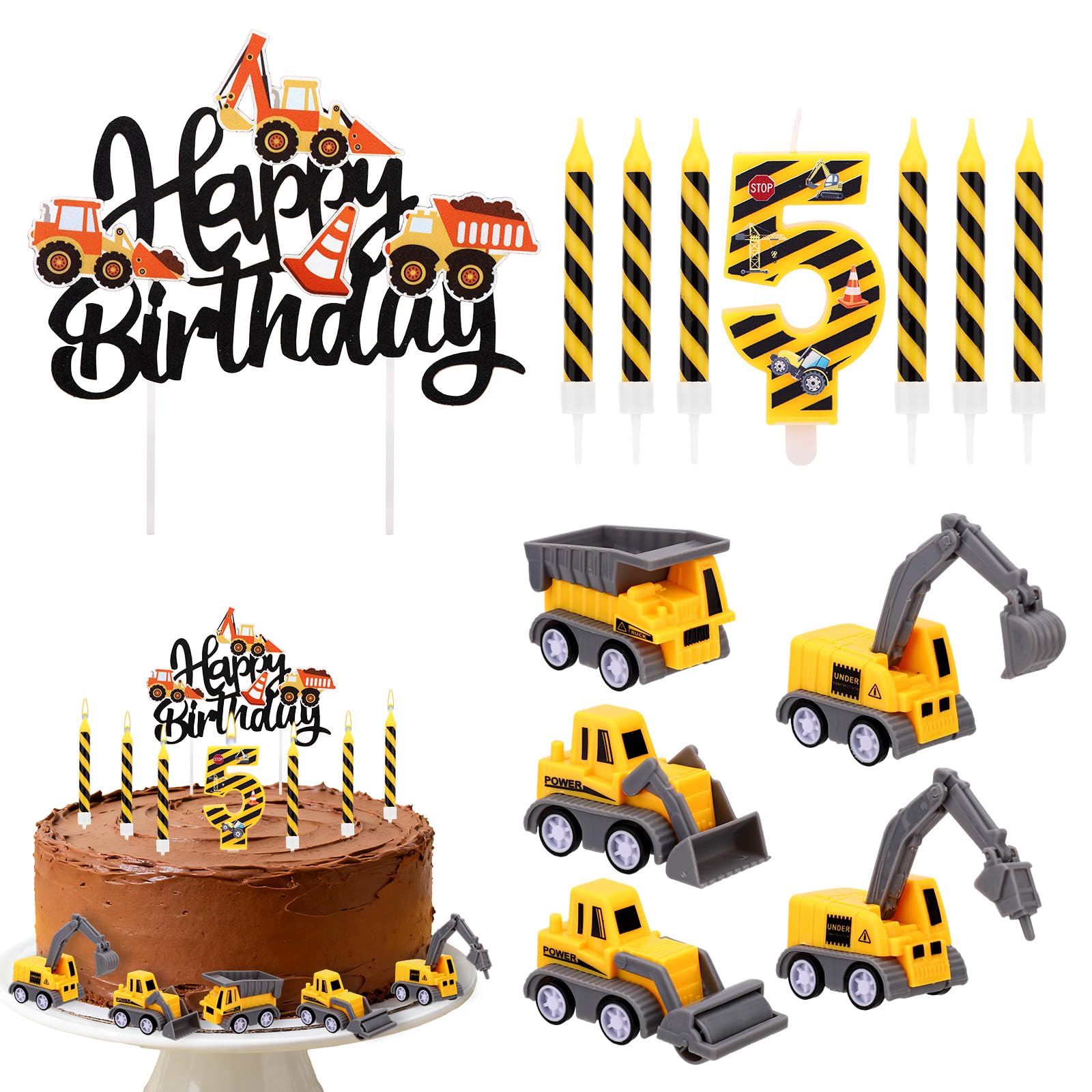 13pcs Construction Birthday Candle Set, Happy Birthday Numbers Candles Construction Cake Topper Yellow & Black Striped Cake Decoration for Boys Party Supplies (Number 5)
