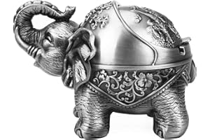 LAUYOO Metal Elephant Ashtray with Lid Windproof Ashtray Outdoor, Indoor Ashtray Ash Tray for Weed, Vintage Practical Decoration Ashtrays for Cigarettes Great Gift for Men Women(Pewter)
