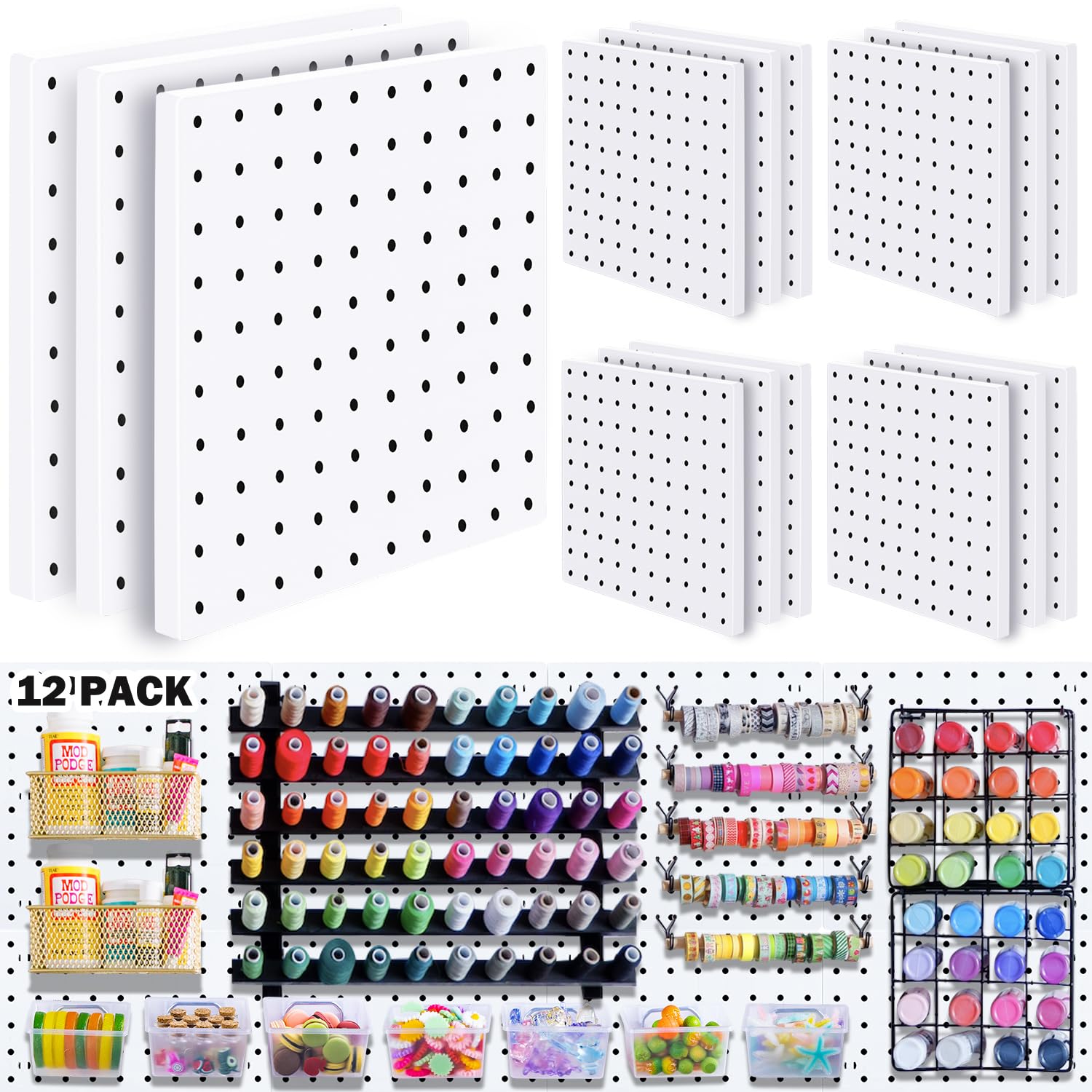 Photo 1 of 12Pcs Peg board, Pegboard Wall Organizer Panels, Wall Mount Display Small Pegboard Kits, Pegboard, Peg Boards for Wall Craft Room, for Kitchen, Garage, Workshop, Tool Accessories - White Pegboard
