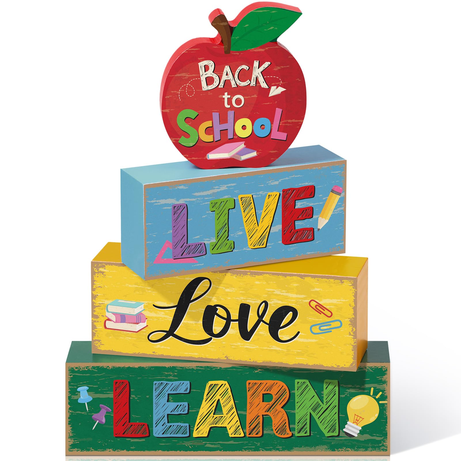 Photo 1 of Capoda 4 Pcs Back to School Wooden Table Decoration First of School Centerpieces Retro Apple Tiered Tray Decor Apple Block Sign for Classroom Tabletop Desk Sign Party Supplies Teacher Gift