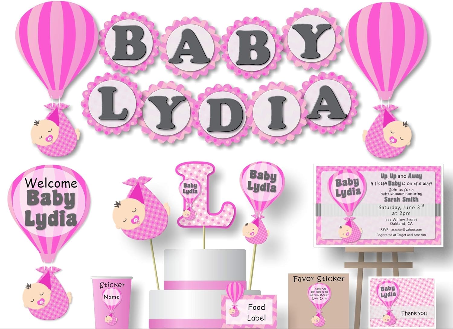 Amazon Com Personalized Pink Hot Air Balloon Baby Shower