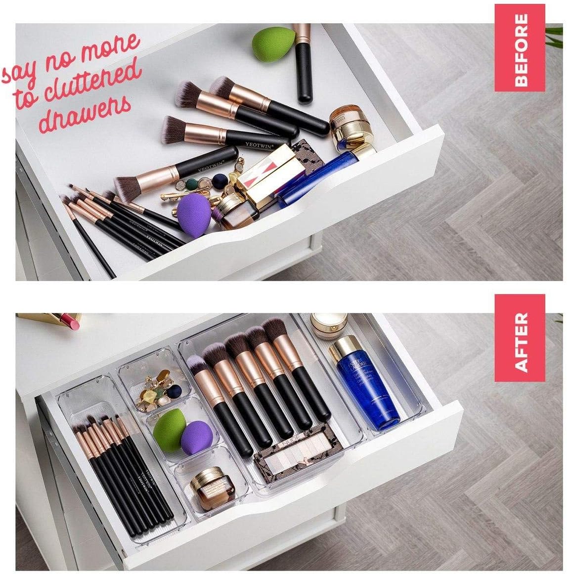 16 Pcs Drawer Organizer Set Dresser Desk Drawer Dividers - 5 Size Bathroom Vanity Cosmetic Makeup Trays - Multipurpose Clear Plastic Storage Bins for Jewelries, Kitchen Gadgets and Office Accessories: Kitchen & Dining